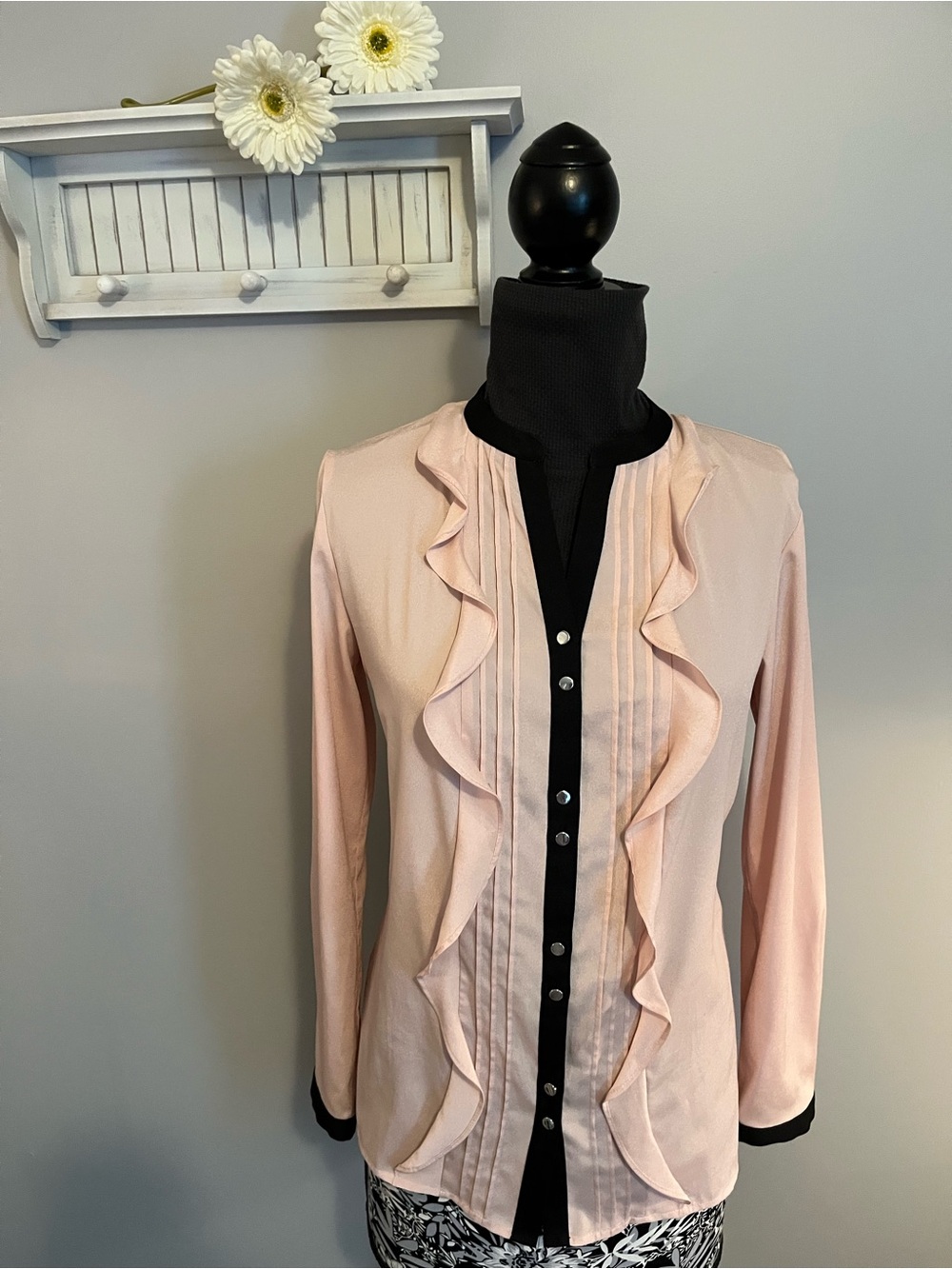 Ivanka Trump Pink Ruffle Button-Down Blouse with Black Trim